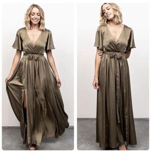 Baltic Born Olive Satin Wrap Maxi Dress